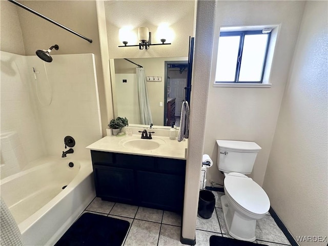 bathroom featuring vanity, shower / bathtub combination with curtain, toilet, and tile patterned floors