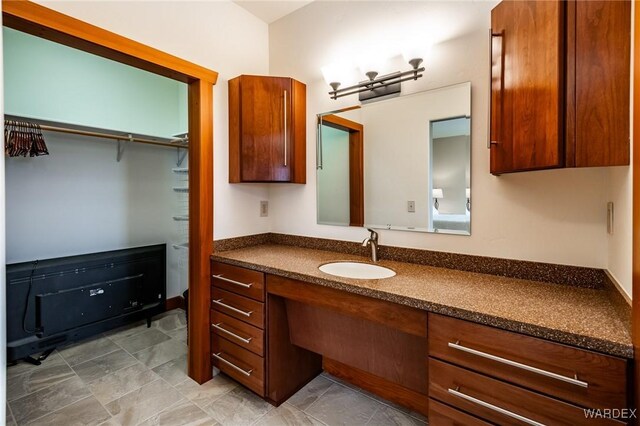 bathroom with a walk in closet and vanity