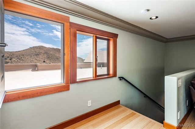 stairway featuring crown molding, a mountain view, and baseboards