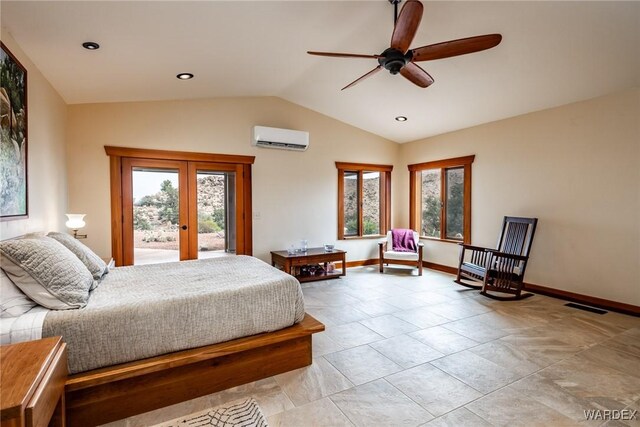 bedroom featuring access to exterior, french doors, lofted ceiling, visible vents, and an AC wall unit