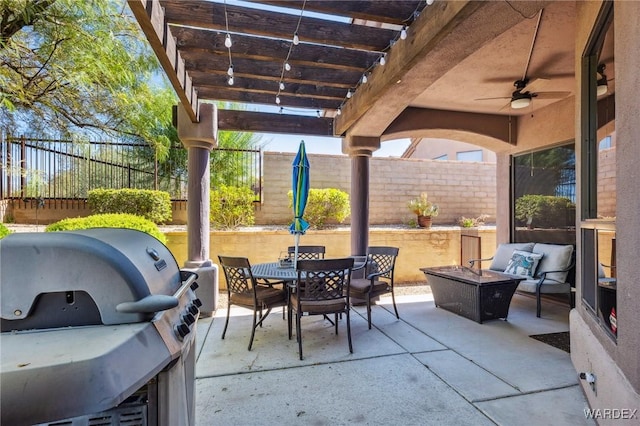 view of patio with outdoor lounge area, outdoor dining space, a grill, a pergola, and a fenced backyard