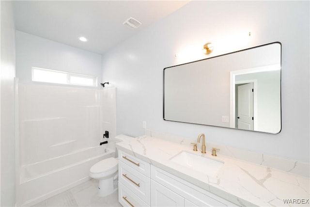 full bath featuring recessed lighting, shower / bath combination, visible vents, toilet, and vanity