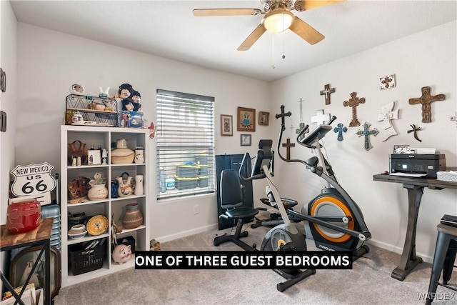 workout area featuring carpet, baseboards, and ceiling fan