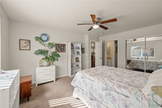 bedroom featuring ceiling fan, connected bathroom, light carpet, visible vents, and baseboards