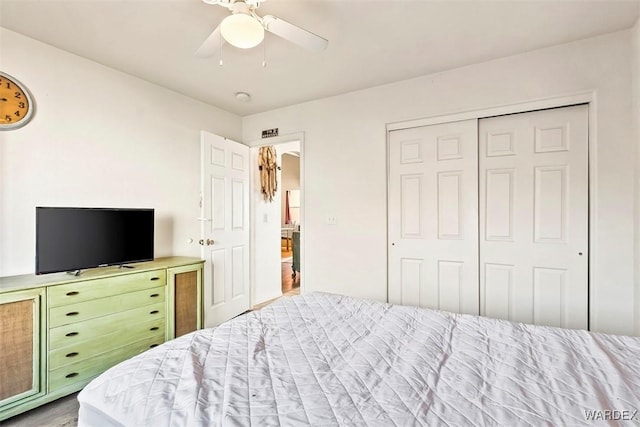 bedroom with a closet, wood finished floors, and ceiling fan