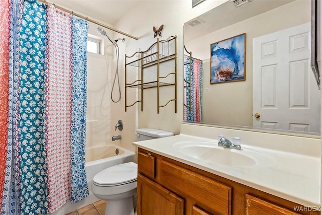 full bathroom featuring shower / bathtub combination with curtain, visible vents, toilet, tile patterned flooring, and vanity