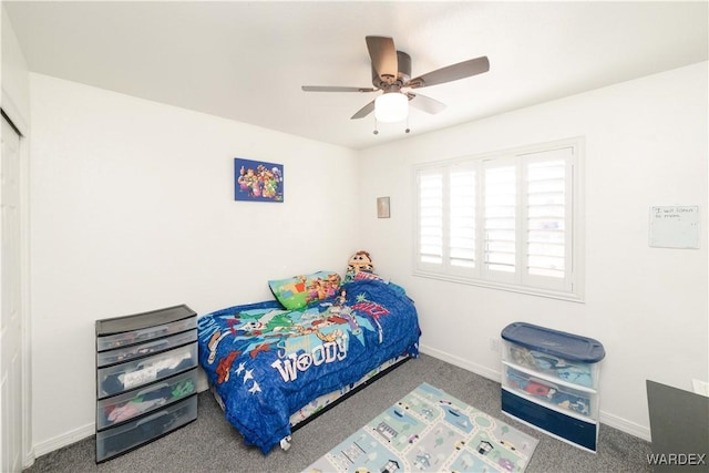 bedroom featuring carpet flooring, ceiling fan, and baseboards