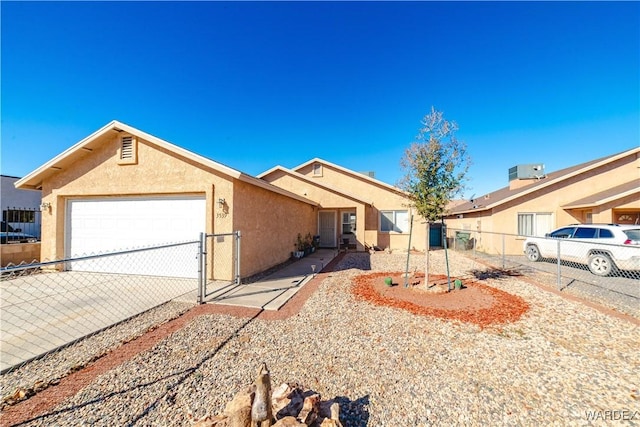 ranch-style house featuring stucco siding, fence, concrete driveway, an attached garage, and central AC unit