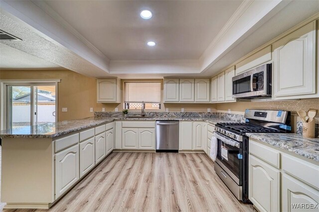 kitchen with stainless steel appliances, a peninsula, a sink, ornamental molding, and a tray ceiling