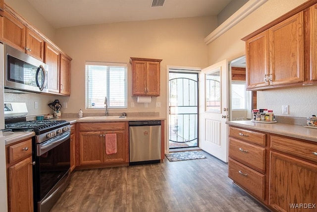 kitchen with appliances with stainless steel finishes, dark wood-style flooring, plenty of natural light, and a sink