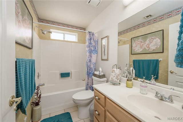 bathroom with visible vents, toilet, tile patterned flooring, shower / bathtub combination with curtain, and vanity