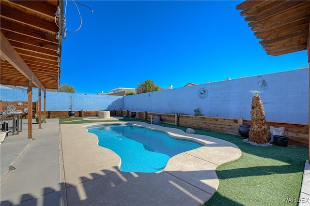 view of pool featuring a patio, a fenced backyard, and a fenced in pool