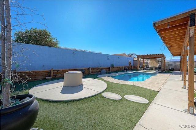 view of swimming pool with a fenced backyard, a patio, a lawn, and a pergola