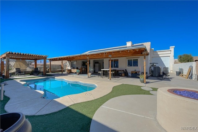 view of pool featuring a patio, a fenced backyard, a fenced in pool, and a pergola