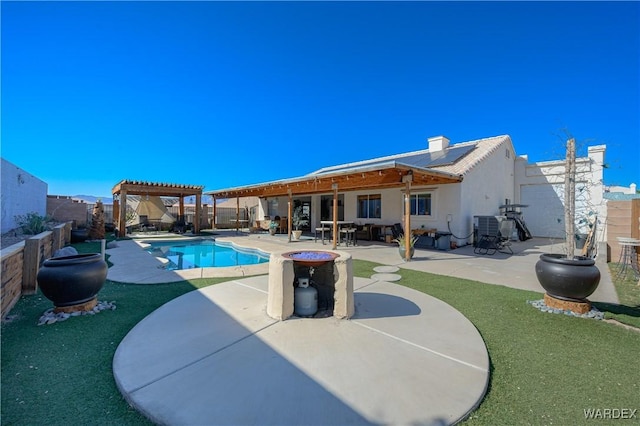 view of pool featuring cooling unit, a fenced backyard, a fenced in pool, a pergola, and a patio area