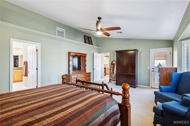 bedroom with light colored carpet, a ceiling fan, visible vents, vaulted ceiling, and access to outside