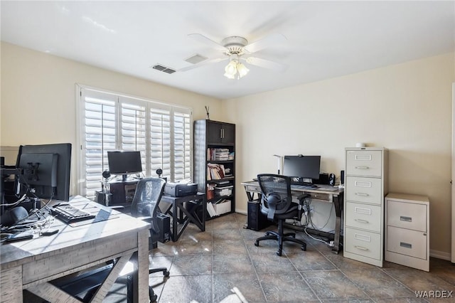 home office with baseboards, visible vents, and a ceiling fan