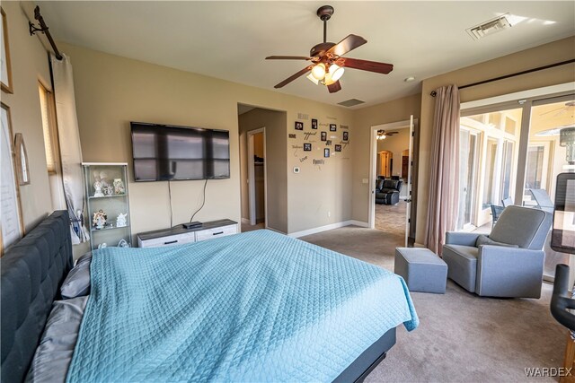 bedroom with baseboards, ceiling fan, visible vents, and light colored carpet