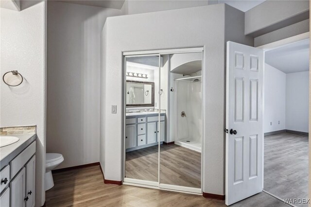 bathroom featuring toilet, wood finished floors, and vanity