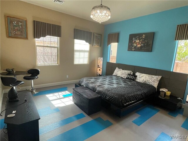 bedroom with multiple windows, a notable chandelier, visible vents, and baseboards