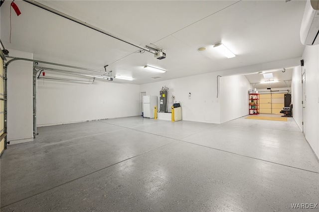 garage featuring a wall unit AC, water heater, and a garage door opener