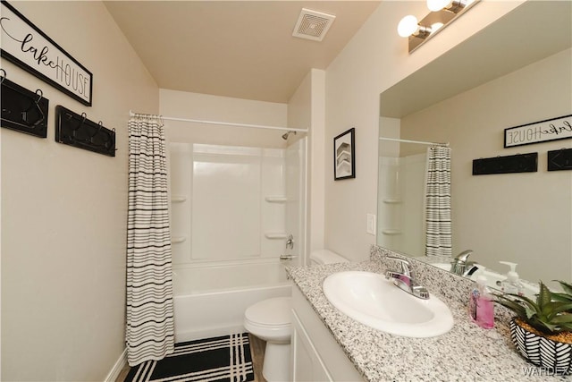 bathroom with toilet, shower / bath combo with shower curtain, vanity, and visible vents