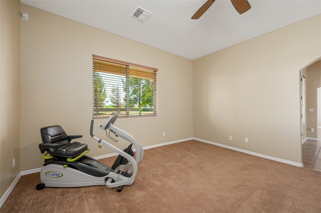 2303 E Hulet Ave, Mohave Valley, AZ 86440 - exercise area featuring ceiling fan, carpet, and baseboards