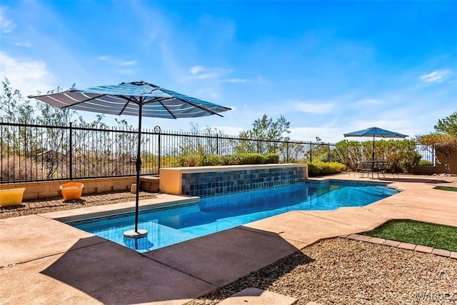 view of pool featuring a patio area, a fenced backyard, and a fenced in pool