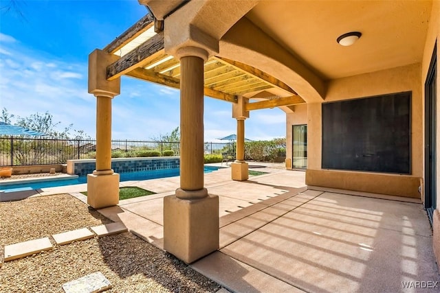 view of patio / terrace featuring a pergola, a fenced in pool, and fence