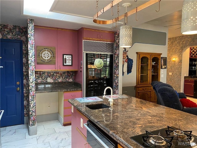 211 Columbine Dr, Lake Havasu, AZ 86403 - kitchen with marble finish floor, fridge, dishwashing machine, gas stovetop, and a sink