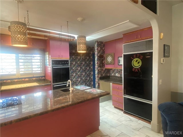 211 Columbine Dr, Lake Havasu, AZ 86403 - kitchen featuring arched walkways, tasteful backsplash, black appliances, dark stone countertops, and marble finish floor