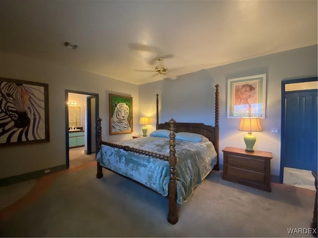 211 Columbine Dr, Lake Havasu, AZ 86403 - bedroom featuring baseboards, a ceiling fan, carpet flooring, and visible vents