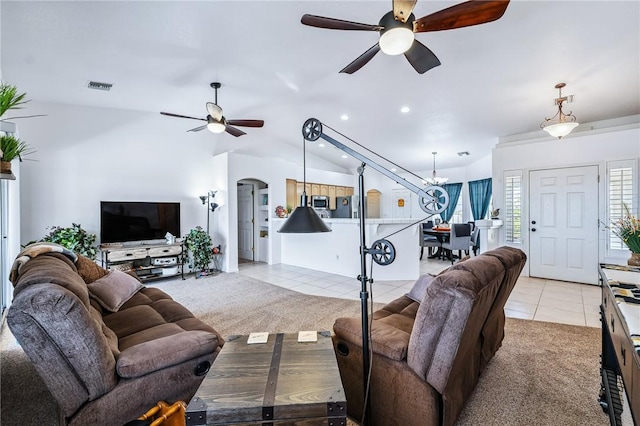 6053 S Klamath Loop, Fort Mohave, AZ 86426 - living area featuring ceiling fan, light tile patterned floors, recessed lighting, a chandelier, and lofted ceiling