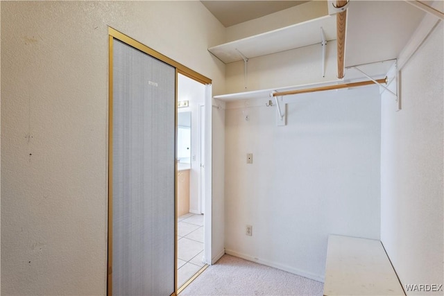 spacious closet featuring light carpet