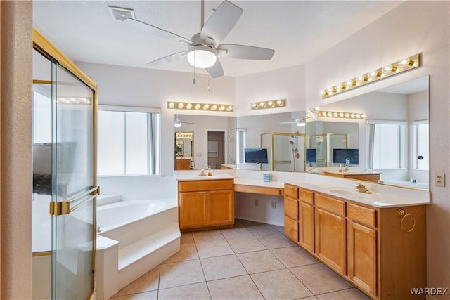 full bathroom featuring a stall shower, visible vents, tile patterned floors, a healthy amount of sunlight, and a bath