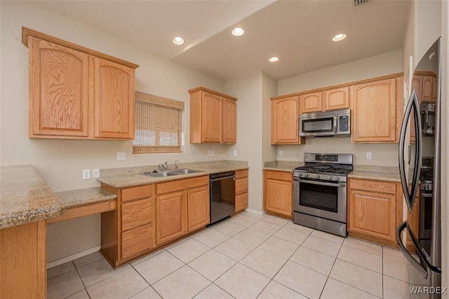 kitchen featuring recessed lighting, light stone counters, black appliances, a sink, and light tile patterned flooring