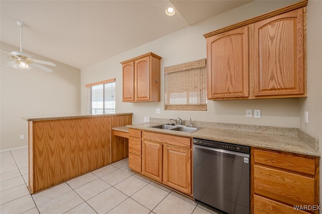 kitchen with a sink, light tile patterned floors, a ceiling fan, and dishwasher