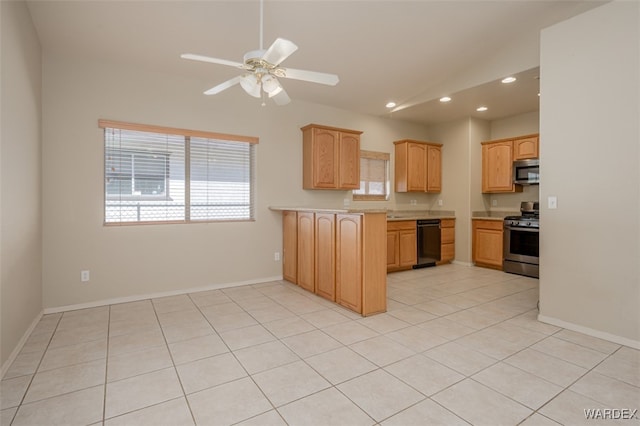 kitchen with baseboards, a ceiling fan, stainless steel appliances, light countertops, and recessed lighting