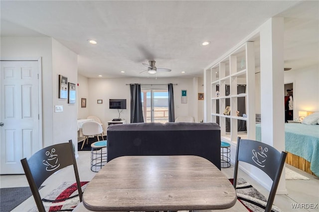 dining area featuring a ceiling fan and recessed lighting