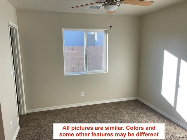 carpeted empty room featuring ceiling fan, visible vents, and baseboards