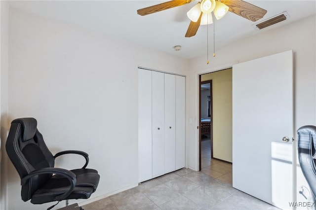 living area with light tile patterned floors, visible vents, and a ceiling fan