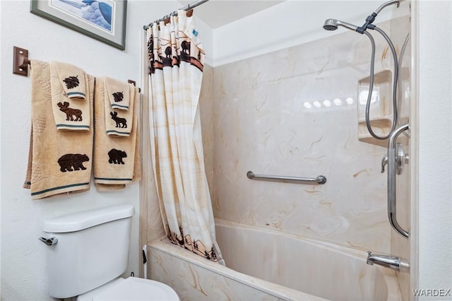 bathroom featuring toilet and shower / bath combination with curtain