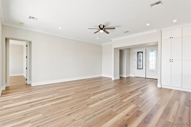 unfurnished living room featuring ornamental molding, recessed lighting, visible vents, and light wood-style floors