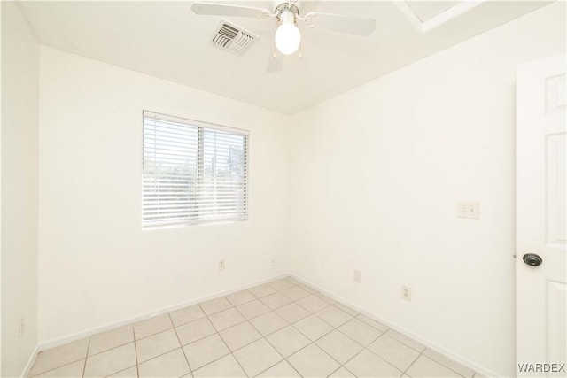 spare room with a ceiling fan, visible vents, and baseboards