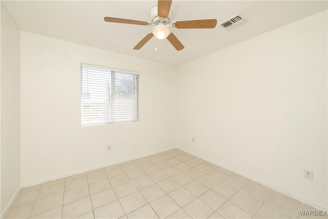 spare room with visible vents, ceiling fan, and baseboards