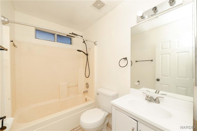 full bathroom featuring toilet,  shower combination, vanity, and visible vents