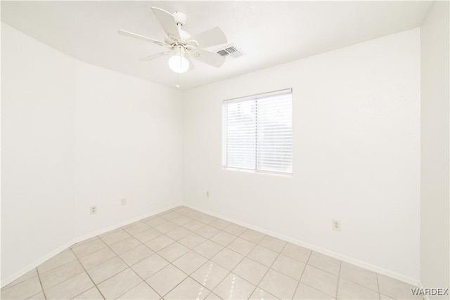 spare room featuring visible vents, ceiling fan, and baseboards