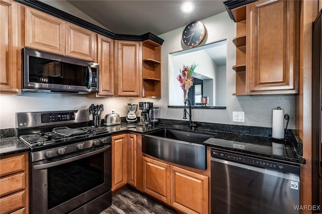 kitchen with appliances with stainless steel finishes, dark wood-type flooring, dark stone countertops, open shelves, and a sink