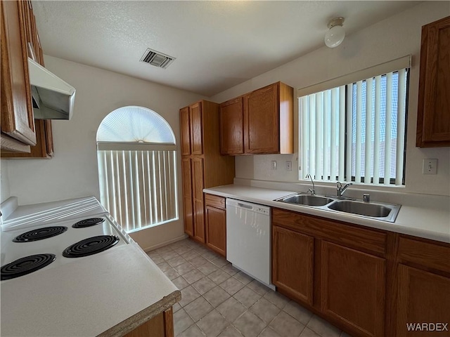 kitchen with visible vents, brown cabinets, white dishwasher, a sink, and exhaust hood