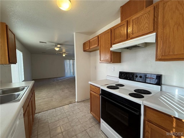 kitchen with electric range, brown cabinetry, a sink, dishwasher, and under cabinet range hood